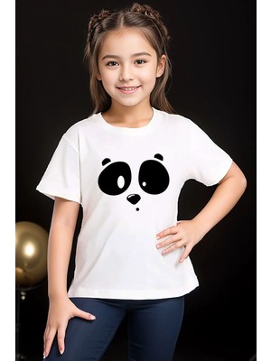 Widi Sevimli Panda Baskılı Minimal Cool Yazlık Pamuk Erkek Çocuk Kız Çocuk Beyaz T-Shirt