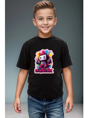 Widi Roblox Yazılı Renkli Karakter Baskılı Pamuk Premium Erkek Çocuk Kız Çocuk Siyah T-Shirt