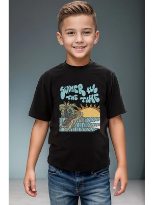 Widi Caretta Caretta Summer Vibe Yazlık Cool Baskılı %100 Pamuk Erkek Çocuk Kız Çocuk Siyah T-Shirt
