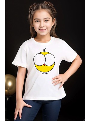 Widi Sevimli Şaşkın Civciv Göz Baskılı %100 Pamuk Kız Erkek Çocuk Beyaz T-Shirt