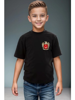 Widi Türk Bozkurt ve Türkiye Türk Bayrağı Baskılı %100 Pamuk Erkek Çocuk Kız Çocuk Siyah T-Shirt