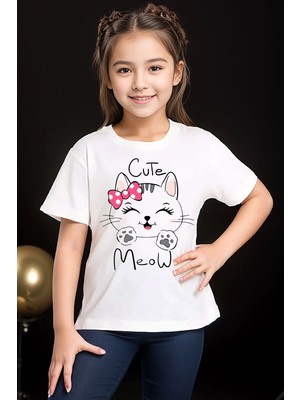 Widi Kedi Baskılı Cute Meow %100 Pamuk Erkek Kız Çocuk Beyaz T-Shirt