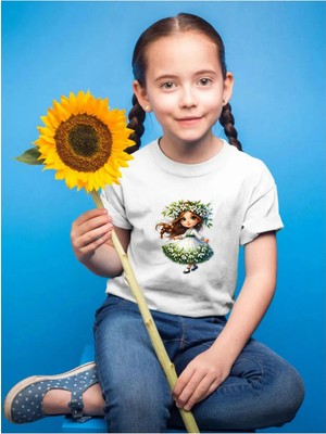 Widi Sevimli Prenses Baskılı Çocuk %100 Pamuk Beyaz T-Shirt