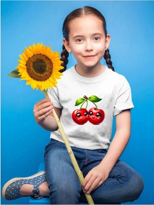 Widi Sevimli Kiraz Baskılı Çocuk %100 Pamuk Beyaz T-Shirt