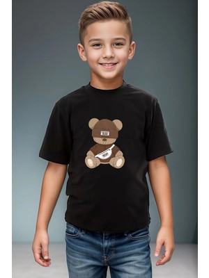 Widi Sevimli Ayıcık Baskılı Cool %100 Pamuk Erkek Çocuk Kız Çocuk Yüksek Kaliteli Premium Siyah T-Shirt