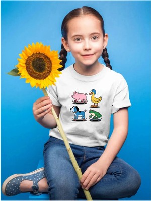 Widi Sevimli Hayvanlar Baskılı Ördek Domuz Köpek ve Kurbağa Regular Fit %100 Pamuk Çocuk Beyaz T-Shirt