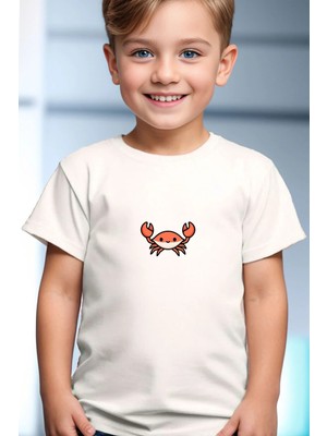 Widi Sevimli Yengeç Baskılı Yaz Desenli %100 Pamuk Çocuk Beyaz T-Shirt