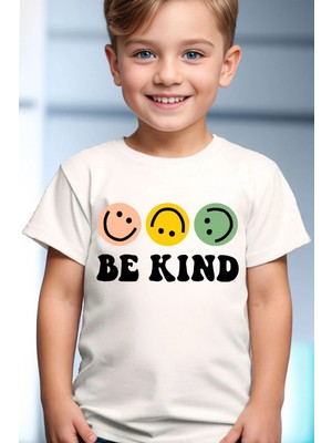 Widi Gülen Yüz Be Kind Baskılı Cool %100 Pamuk Çocuk Beyaz T-Shirt