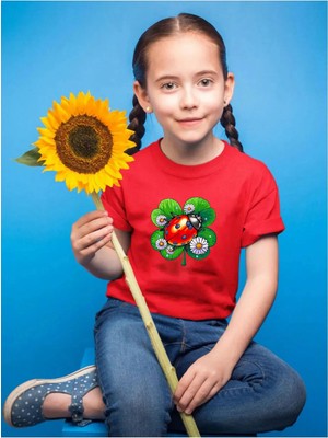 Widi Renkli Uğur Böceği ve Şans 4 Yapraklı Yonca Baskılı Çocuk %100 Pamuk Kırmızı T-Shirt