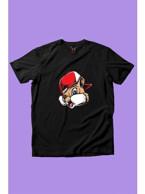 Widi Sevimli Şapkalı Cool Sincap Baskılı %100 Pamuk Erkek Çocuk Kız Çocuk Siyah T-Shirt