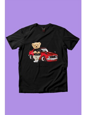 Widi Sevimli Ayıcık Baskılı Arabalı Ayıcık Kız Çocuk Erkek Çocuk %100 Pamuk Siyah T-Shirt