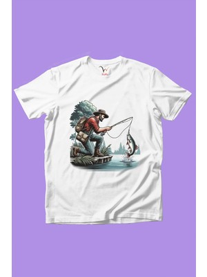 Widi Balıkçı Olta ile Balık Tutmak Deniz ve Kamp Baskılı %100 Pamuk Premium Erkek Çocuk Kız Çocuk T-Shirt