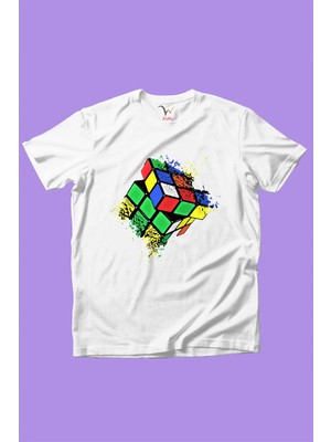 Widi Rubik Küp Baskılı Renkli Cool %100 Pamuk Kız Çocuk Erkek Çocuk Beyaz T-Shirt