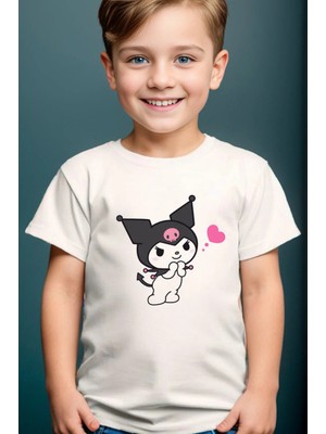 Widi Sevimli Kuromi Baskılı %100 Pamuk Erkek Çocuk Kız Çocuk Yüksek Kaliteli Premium Beyaz T-Shirt