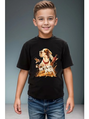 Widi Desenli Av Köpeği Ingiliz Pointer Setter Sülün %100 Pamuk Kız Erkek Çocuk Siyah T-Shirt