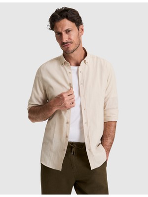Pierre Cardin Erkek Koyu Bej %100 Pamuk Keten Görünümlü Slim Fit Uzun Kollu Gömlek 50325355-VR088