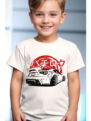 Widi Japon Araba Baskılı %100 Pamuk Çocuk Beyaz T-Shirt