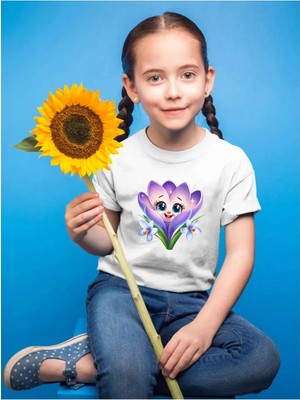 Widi Sevimli Renkli Çiçek Baskılı Regular Fit %100 Pamuk Çocuk Beyaz T-Shirt