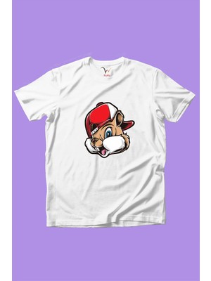 Widi Sevimli Şapkalı Cool Sincap Baskılı %100 Pamuk Erkek Çocuk Kız Çocuk Beyaz T-Shirt