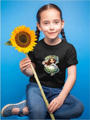 Widi Sevimli Prenses Baskılı Çocuk %100 Pamuk Siyah T-Shirt