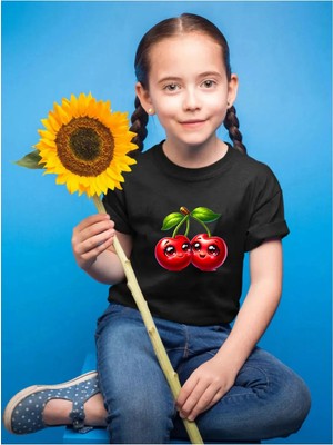 Widi Sevimli Kiraz Baskılı Çocuk %100 Pamuk Siyah T-Shirt