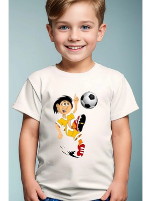 Widi Futbol Topu ve Vole Futbolcu Baskılı Pamuk Premium Erkek Çocuk Kız Çocuk Beyaz T-Shirt