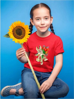 Widi Sevimli Çiçek Toplayan Tavşan Baskılı Regular Fit %100 Pamuk Çocuk Kırmızı T-Shirt