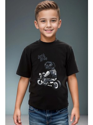 Widi Motorcu Pug Köpek Sevimli Cool Lets Ride Baskılı %100 Pamuk Erkek Çocuk Kız Çocuk Siyah T-Shirt
