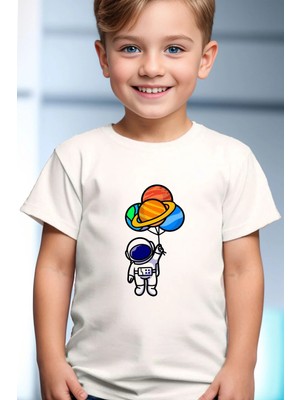 Widi Astronot ve Uzay Baskılı Balon Desenli %100 Pamuk Çocuk Beyaz T-Shirt