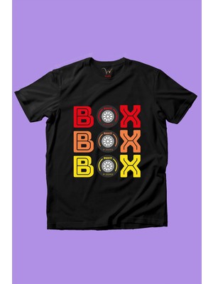Widi Box Box Box Yazılı Araba Tekerleği Detaylı F1 Yarış Kız Çocuk Erkek Çocuk Siyah T-Shirt