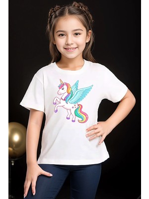 Widi Renkli Unicorn At Baskılı %100 Pamuk Erkek Çocuk Kız Çocuk Beyaz T-Shirt