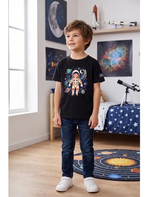 Widi Erkek Çocuk Siyah Astronot Baskılı Tişört - Uzay ve Gezegen Temalı T-Shirt