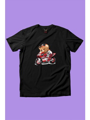 Widi Sevimli Motorlu Ayıcık Tedy Baskılı %100 Pamuk Premium Erkek Çocuk Kız Çocuk Siyah T-Shirt