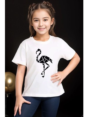 Widi Origami Flamingo Baskılı %100 Pamuk Kız Çocuk Erkek Çocuk Beyaz T-Shirt