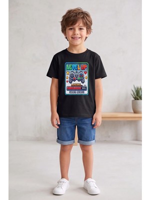 Widi Erkek Çocuk Siyah Oyun Baskılı Tişört - Level Up Temalı T-Shirt