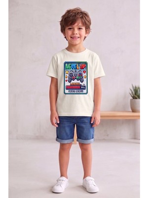 Widi Erkek Çocuk Siyah Oyun Baskılı Tişört - Level Up Temalı T-Shirt