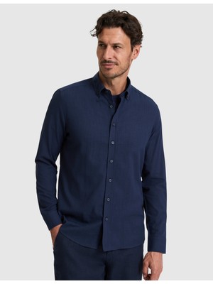 Pierre Cardin Erkek Koyu Lacivert %100 Pamuk Keten Görünümlü Slim Fit Uzun Kollu Gömlek 50325355-VR100
