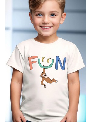Widi Unisex Sevimli Maymun Fun Yazılı Yaz Desenli %100 Pamuk Çocuk Beyaz T-Shirt