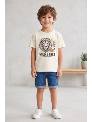 Widi Aslan Baskılı Wild & Free %100 Pamuklu Erkek Çocuk Tişört Little Explorer