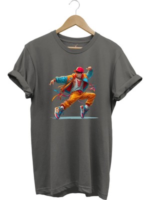 Widi Dancing Boy Dans Eden Çocuk Tasarım Baskılı %100 Pamuk Regular Fit Gri T-Shirt