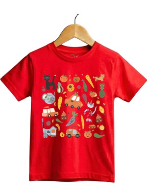 Widi Eğlenceli Yemek & Hayvan Illüstrasyonlu Regular Fit %100 Pamuk Kısa Kollu Çocuk T-Shirt
