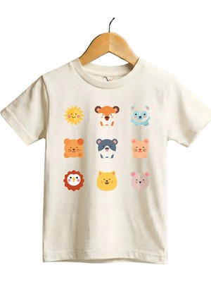 Widi Sevimli Hayvan Yüzleri Baskılı Regular Fit %100 Pamuk Kısa Kollu Çocuk T-Shirt