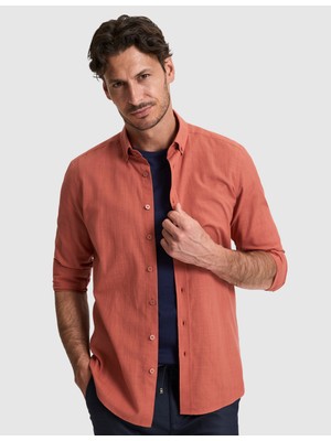 Pierre Cardin Erkek Kiremit %100 Pamuk Keten Görünümlü Slim Fit Uzun Kollu Gömlek 50325355-VR031