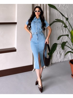 Budan Export Kadın Açık Mavi Gömlek Yaka Cepli Yırtmaçlı Kısa Kol Bodycon Midi Kot Jean Elbise