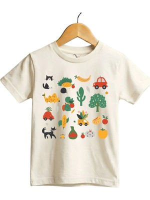 Widi Fun Mix Sebze, Meyve ve Hayvan Baskılı Regular Fit %100 Pamuk Kısa Kollu Çocuk T-Shirt