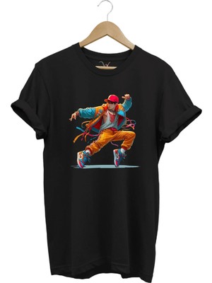 Widi Dancing Boy Dans Eden Çocuk Tasarım Baskılı %100 Pamuk Regular Fit Siyah T-Shirt
