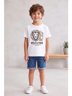 Widi Aslan Baskılı Wild & Free %100 Pamuklu Erkek Çocuk Tişört Little Explorer