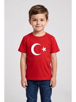 Widi Türk Bayraklı Ay Yıldız Baskılı Kırmızı Çocuk Tişört - 23 Nisan & 29 Ekim Gösteri T-Shirtü