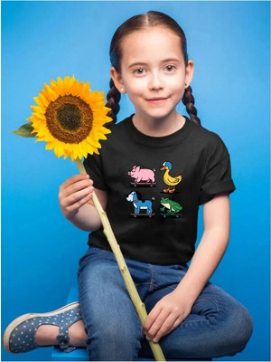 Widi Sevimli Hayvanlar Baskılı Ördek Domuz Köpek ve Kurbağa Regular Fit %100 Pamuk Çocuk Siyah T-Shirt