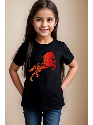 Widi Alevli Ateş Baskılı Sarı ve Kırmızı Detay %100 Pamuk Erkek Çocuk Kız Çocuk Siyah T-Shirt